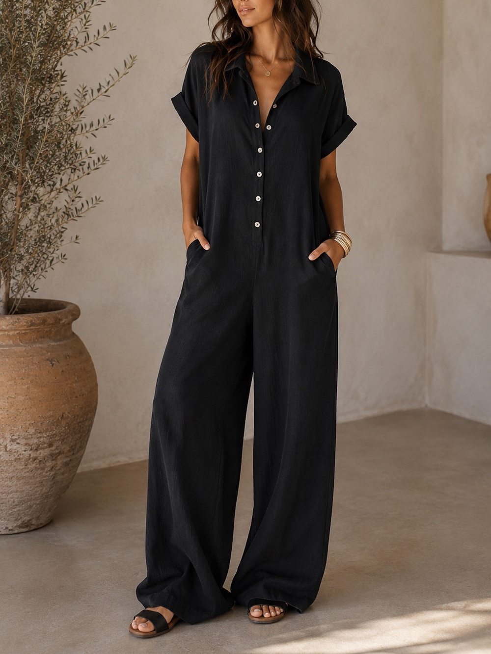 Women's Black Button-Front Wide-Leg Jumpsuit